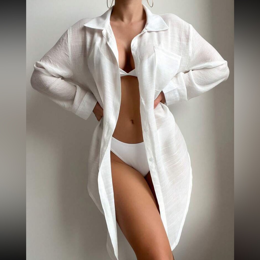 Swimsuit Cover Up Beach Bikini Cover Top Long Sleeve Button Down White Nwt